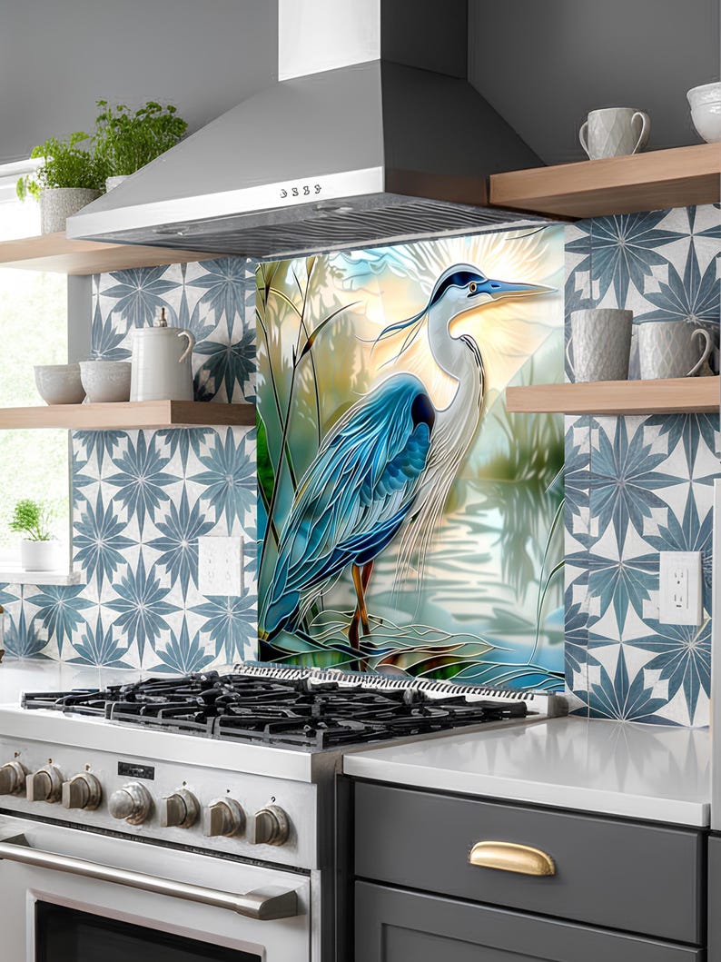 Blue Heron Stove Backsplash Tempered Glass Panel, Custom Size image 11