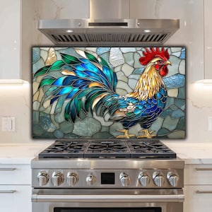 Stained Glass Rooster Backsplash: Tempered Glass Kitchen Art, Farmhouse Decor