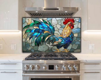 Stained Glass Rooster Backsplash: Tempered Glass Kitchen Art, Farmhouse Decor