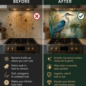 May include: A split-screen comparison of a kitchen backsplash. The left side shows a stained, dirty wall labeled BEFORE with a red X. The right side shows a clean, smooth backsplash featuring a colorful heron illustration labeled AFTER with a green check.