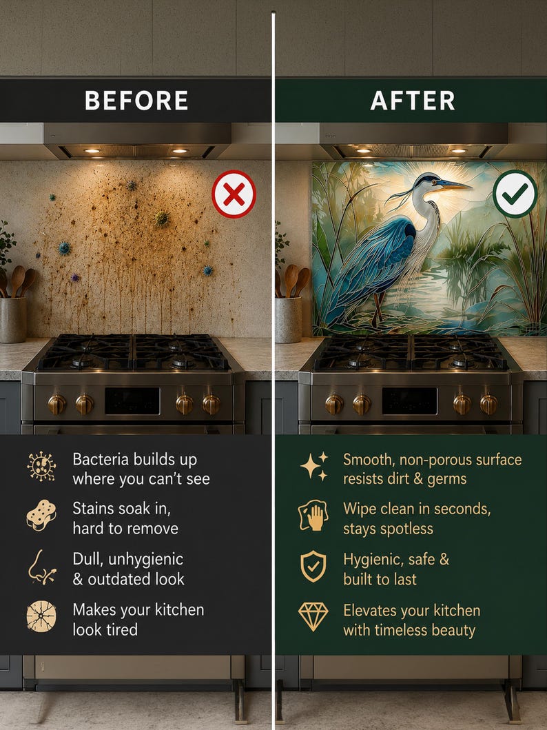 May include: A split-screen comparison of a kitchen backsplash. The left side shows a stained, dirty wall labeled BEFORE with a red X. The right side shows a clean, smooth backsplash featuring a colorful heron illustration labeled AFTER with a green check.