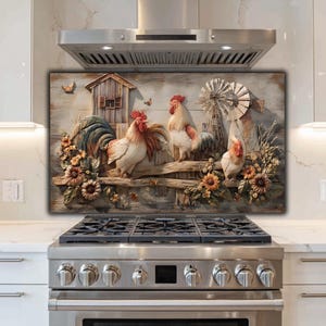 Farmhouse Rooster Glass Backsplash - Rustic Kitchen Stove Splashback, Heat Resistant