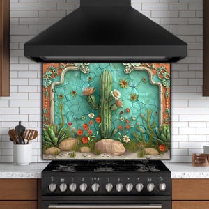 Cactus Flower Glass Backsplash: Boho Desert Kitchen Decor