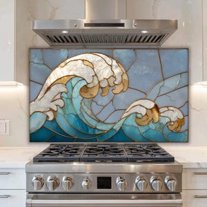 Stained Glass Ocean Waves Tempered Glass Backsplash: Coastal Kitchen Decor
