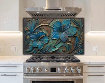 Teal - Bronze Hibiscus Relief Tempered Glass Backsplash: Artistic Stove - Kitchen Splashback Panel