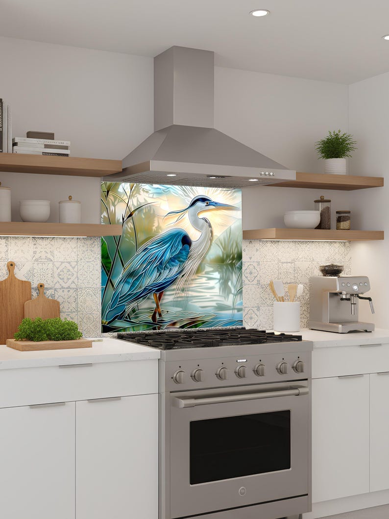 Blue Heron Stove Backsplash Tempered Glass Panel, Custom Size image 8