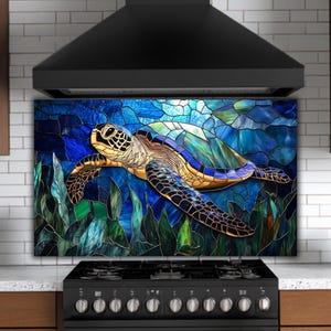 Sea Turtle Glass Backsplash: Coastal Kitchen Art in Blue Teal image 10