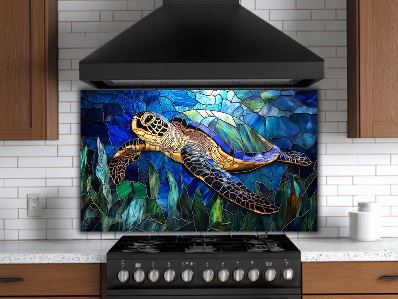 Sea Turtle Glass Backsplash: Coastal Kitchen Art in Blue Teal image 10
