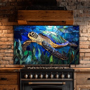 Sea Turtle Glass Backsplash: Coastal Kitchen Art in Blue Teal image 2