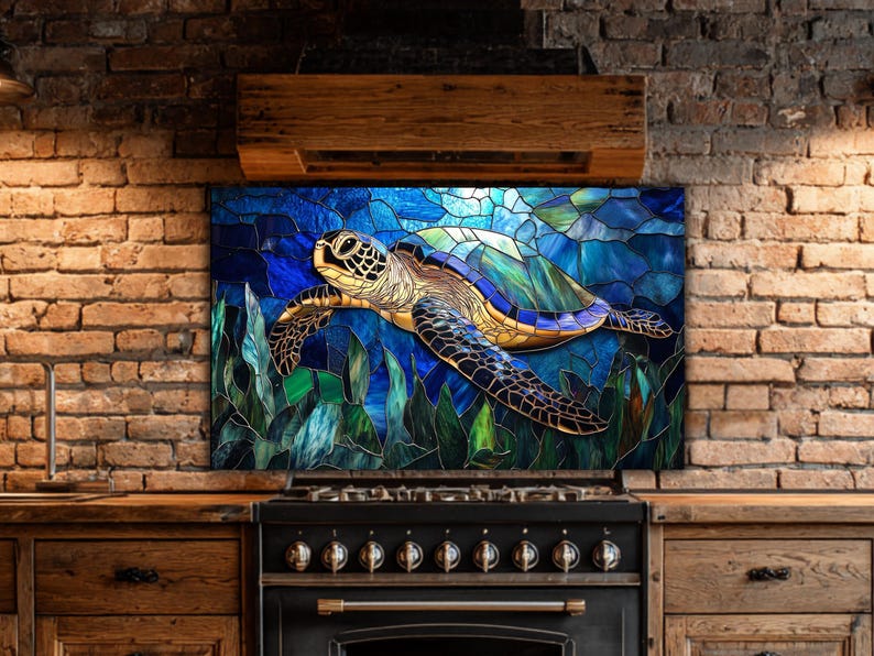 Sea Turtle Glass Backsplash: Coastal Kitchen Art in Blue Teal image 2