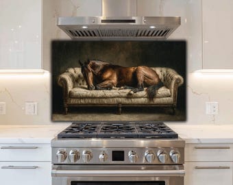 Vintage Horse on Sofa Stove Backsplash | Tempered Glass Kitchen Splashback Panel