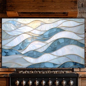 Ocean Waves Tempered Glass Stove Backsplash: Coastal Kitchen Decor