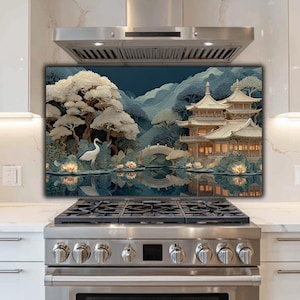 Moonlit Pagoda Lake Stove Backsplash | Tempered Glass Kitchen Splashback Panel