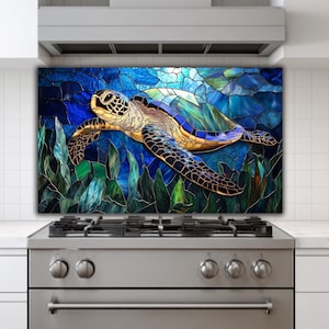Sea Turtle Glass Backsplash: Coastal Kitchen Art in Blue Teal image 4