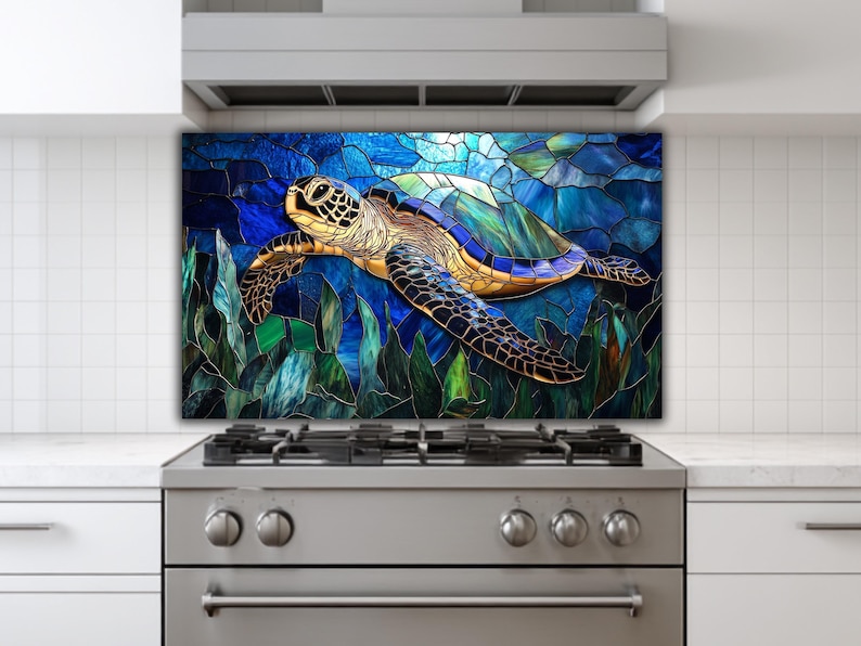 Sea Turtle Glass Backsplash: Coastal Kitchen Art in Blue Teal image 4