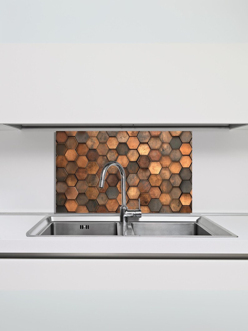 Copper Hexagon Mosaic Tempered Glass Stove Backsplash | Custom Kitchen ...