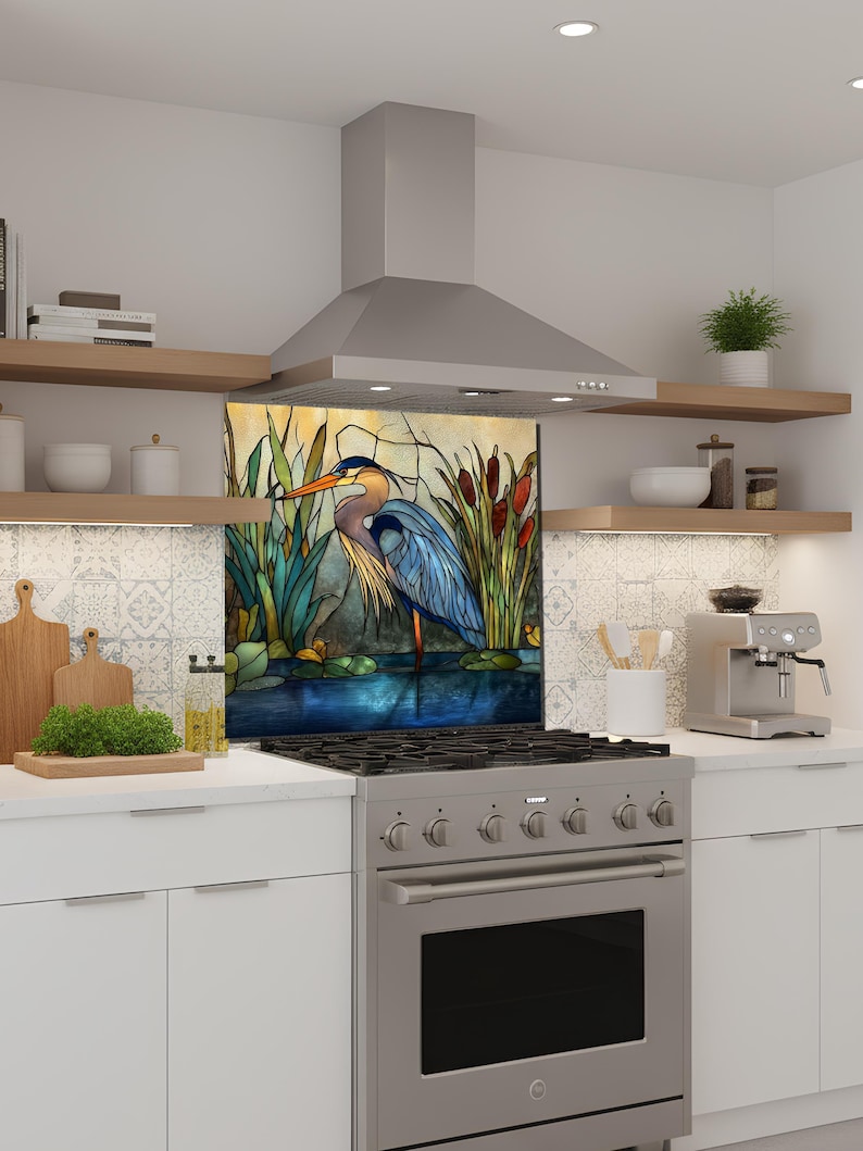 Stove Backsplash Panel - Heron Stained Glass, Easy Clean Surface image 5