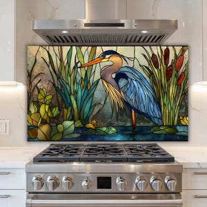 Stained Glass Style Heron Backsplash: Wetland Bird Art Panel
