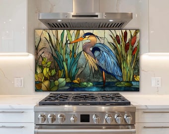 Stained Glass Style Heron Backsplash: Wetland Bird Art Panel