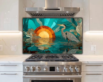 Stained Glass Style Heron Bird Glass Backsplash | Sunset Lake Nature Art, Kitchen Hob Splashback