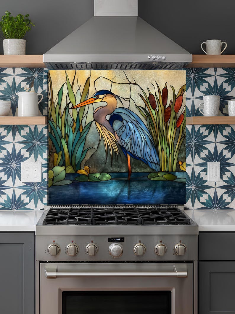 Stove Backsplash Panel - Heron Stained Glass, Easy Clean Surface image 9