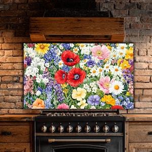 Wildflower Meadow Tempered Glass Backsplash – Heat-Resistant Floral Panel