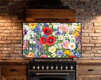 Wildflower Meadow Tempered Glass Backsplash – Heat-Resistant Floral Panel