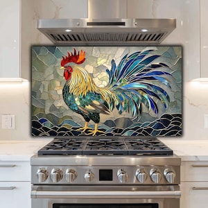 Rooster Stained Glass Tempered Glass Stove Backsplash: Art Nouveau Kitchen Decor