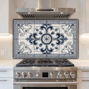 Glass Backsplash | Blue and White Azulejo Tile Look Stove Guard | Symmetrical Porcelain Kitchen Decor