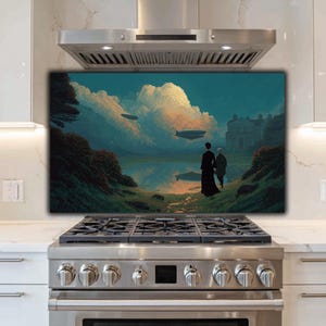 May include: A decorative kitchen backsplash featuring a landscape painting with a couple walking near a body of water. The artwork depicts airships in the sky, with a large building in the background. The color palette includes blues, greens, and warm sunset hues.
