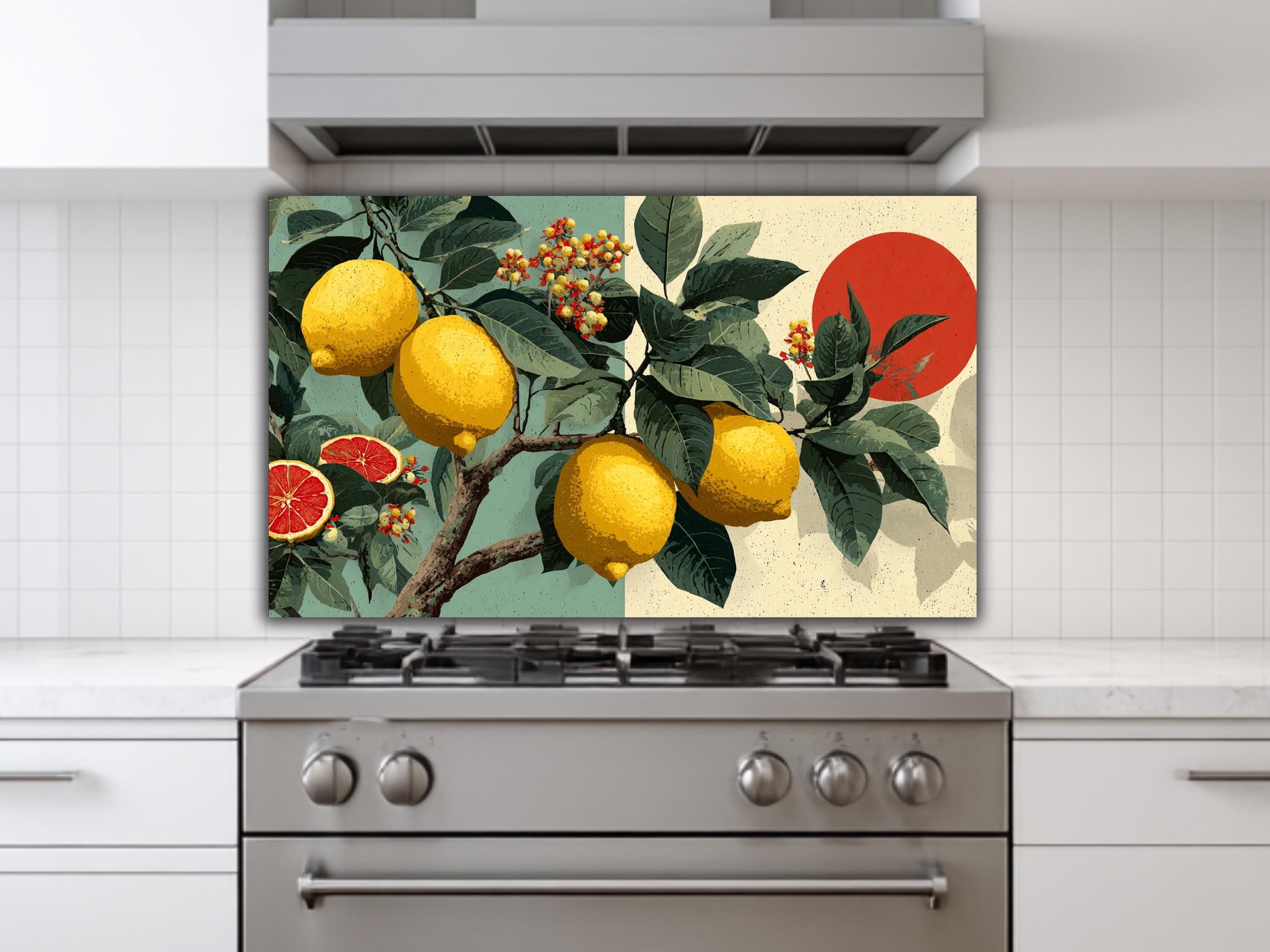 Lemon Splashbacks Vintage Lemon & Grapefruit Glass Backsplash | Retro Pop Art Fruit ...