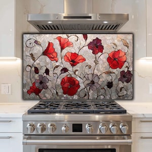 Red Poppy Stained Glass Tempered Glass Backsplash – Art Nouveau Kitchen Decor