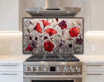 Red Poppy Stained Glass Tempered Glass Backsplash – Art Nouveau Kitchen Decor