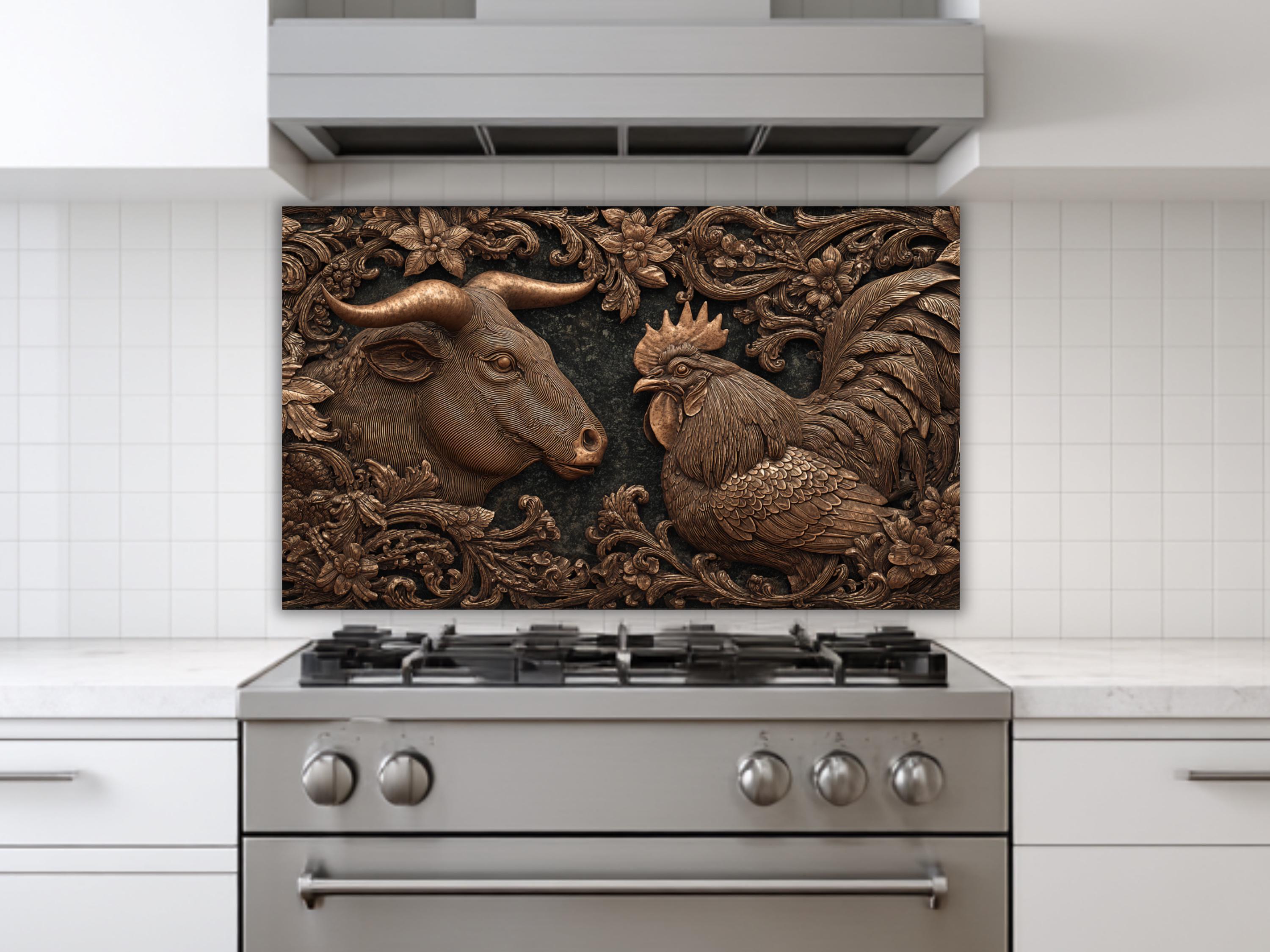Bronze Relief Farm Backsplash: Bull & Rooster Tempered Glass Kitchen ...
