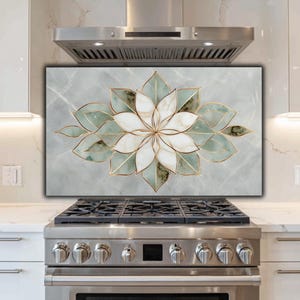 Glass Backsplash | Sage Green Marble Lotus Stove Guard | Minimalist Floral Kitchen Decor