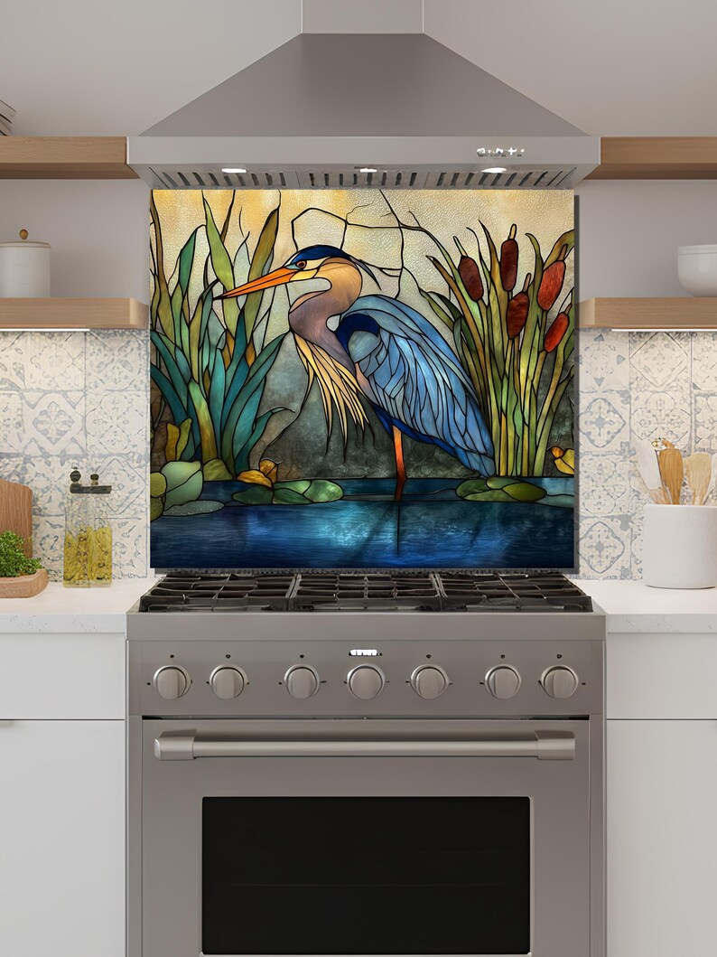 Stove Backsplash Panel - Heron Stained Glass, Easy Clean Surface image 4