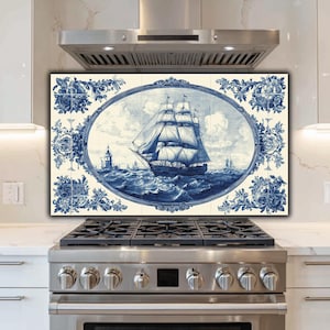 Glass Backsplash | Vintage Nautical Ship Design | Blue and White Delft Style Decor