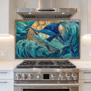 Stained Glass Marlin Backsplash: Ocean Waves Kitchen Art