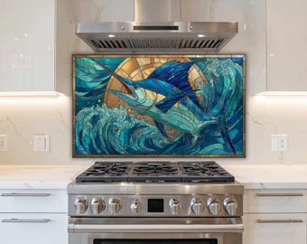Stained Glass Marlin Backsplash: Ocean Waves Kitchen Art