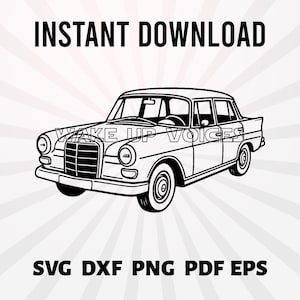 以下が含まれることがあります： 白黒のイラストで描かれたクラシックカー。画像には、上部に「INSTANT DOWNLOAD」、車体に「WAKE UP VOICES」という文字が描かれています。SVG、DXF、PNG、PDF、EPSのファイル形式も表示されています。