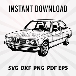 May include: Black and white line art illustration of a classic car with the text "INSTANT DOWNLOAD" above and "WAKE UP VOICES" on the car. Below the car are the file types: SVG DXF PNG PDF EPS.