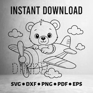 May include: Black and white illustration of a cartoon bear piloting an airplane, surrounded by clouds. The text "INSTANT DOWNLOAD" is at the top, with file type options: SVG, DXF, PNG, PDF, and EPS at the bottom.