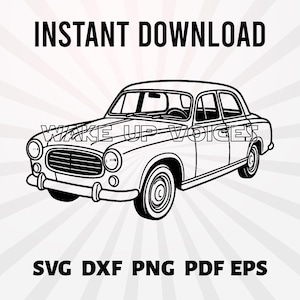 May include: Black and white line art of a vintage car with the text "INSTANT DOWNLOAD" above and "WAKE UP VOICES" across the car. Below the car are the file types: SVG, DXF, PNG, PDF, and EPS.