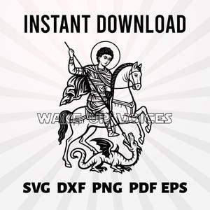 May include: Black and white illustration of a figure on horseback, spearing a dragon. The image includes the text "INSTANT DOWNLOAD" at the top, and "WAKE UP VOICES" and "SVG DXF PNG PDF EPS" at the bottom.
