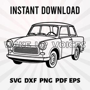 Könnte beinhalten: Schwarz-Weiß-Illustration eines Oldtimers. Der Text "INSTANT DOWNLOAD" steht oben, und "WAKE UP VOICES" ist über dem Auto. Am unteren Rand des Bildes steht "SVG DXF PNG PDF EPS".