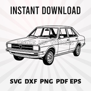 Può includere: Illustrazione in bianco e nero di una berlina classica. L'immagine include il testo "INSTANT DOWNLOAD" in alto e "WAKE UP VOICES" sull'auto. I tipi di file SVG DXF PNG PDF EPS sono elencati.