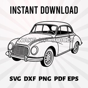 May include: A black and white line drawing of a classic car, featuring the text "INSTANT DOWNLOAD" at the top and "WAKE UP VOICES" on the car. The image also includes file types: SVG, DXF, PNG, PDF, and EPS.