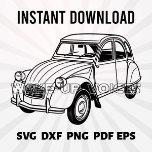 Peut inclure: Illustration en noir et blanc d'une voiture ancienne. Le texte "INSTANT DOWNLOAD" est en haut, et "WAKE UP VOICES" et "SVG DXF PNG PDF EPS" en bas. La voiture a des phares ronds et une carrosserie arrondie.