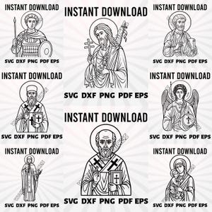 May include: A set of black and white line drawings depicting religious figures, including saints and angels, each with a halo. The images are labelled with "INSTANT DOWNLOAD" and file type options such as SVG, DXF, PNG, PDF, and EPS.