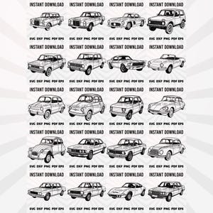 May include: A digital collection of twenty black and white line art illustrations featuring various classic car models. Each individual vehicle graphic is accompanied by the text INSTANT DOWNLOAD and the file formats SVG DXF PNG PDF EPS.